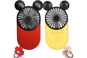 SPPRANDOM DECVO Cute Personal Mini Fan, Handheld & Portable USB Rechargeable Fan with Beautiful LED Light, 3 Adjustable Speeds, Portable Holder, for Indoor Or Outdoor Activities, Cute Mouse 2 Pack (Red+Yellow)
