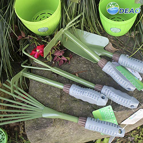 KEJIH Five-Piece Gardening Tools Set Potted Flower - Including Double Use Hoe 3 prongs,9-Teeth Leaf rake, 5-Teeth rake,Cultivator/Weeder,Trowel/Shovel with High Carbon Steel and Soft PVC Handle Grip