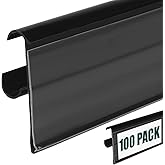 Fulmoon 100 Pcs 27 x 1.26 Inch Wire Shelf Label Holder Strip Price Tag Black Back Plastic Label Holder with Clear PVC Cover Black Back for Refrigeration Cases Cooler Shelf