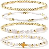 SHINUS BOHO 4PCS Cross Gold Beaded Bracelet Stack for Women,Bohemian Stretch Pearl Crystal Glass Beads Stackable Bracelets Fashion Jewelry Gift