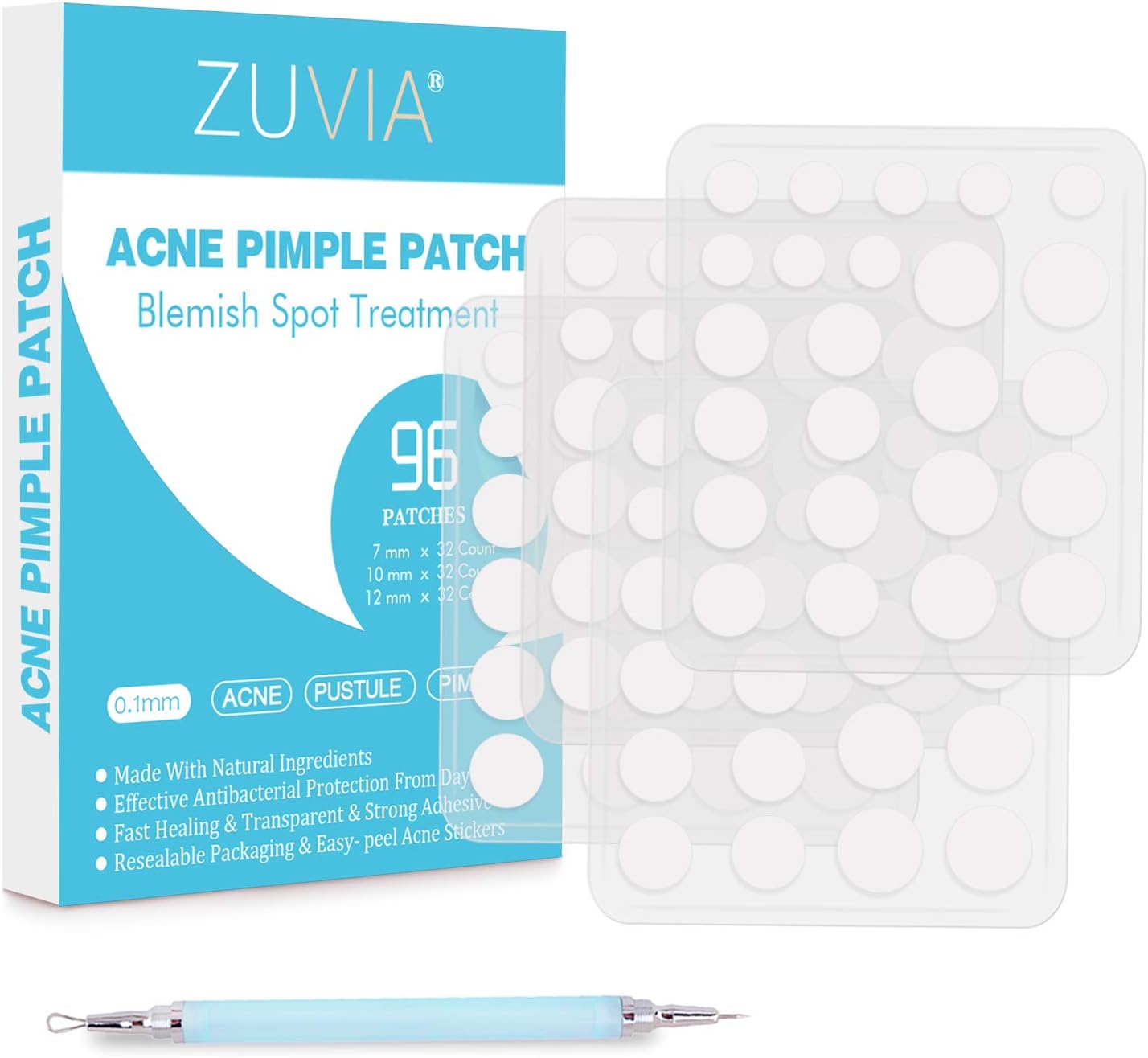 Acne Pimple Healing Patches, Invisible Facial Spot Sticker Hydrocolloid Bandages Cover for Acne Dots, Waterproof Face Spot Treatments with Blackhead Blemish Remover (96 Patches)