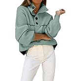 chouyatou Women's Slouchy Waffle Knit Sweater 1/2 Button Polo Collared Pullover Striped Sweater Tops