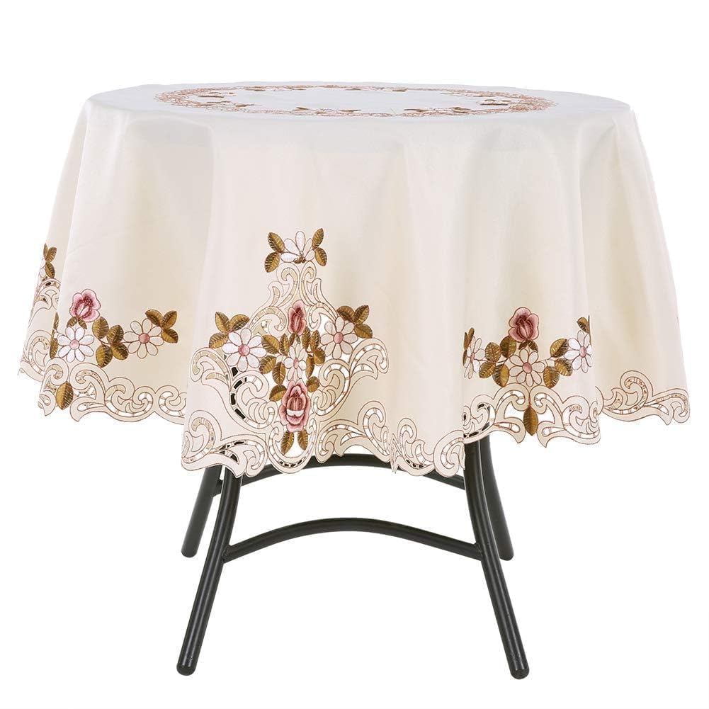 HERCHR Round Lace Tablecloth, 47" Summer Decorative Table Cover, Beige Vintage Lace Cloth Cover, Flower Cutwork Embroidered Tablecloth Decoration for Dining Room Kitchen Wedding Decor
