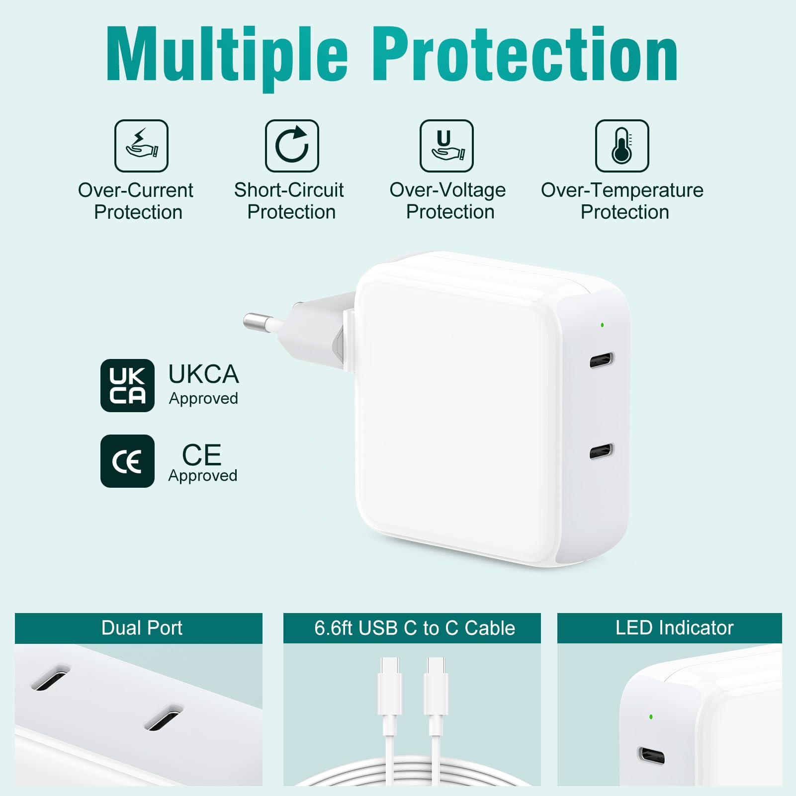 Mac Book Air Ladegerät, 67W USB C Ladegerät Kompatibel mit MacBook Air 2020/2019/2018, MacBook Pro 13 14 15 16 Zoll, 2024 iPad Pro Air 13/11 inch M4/M2, 65W USB C Netzteil 2 Port 7