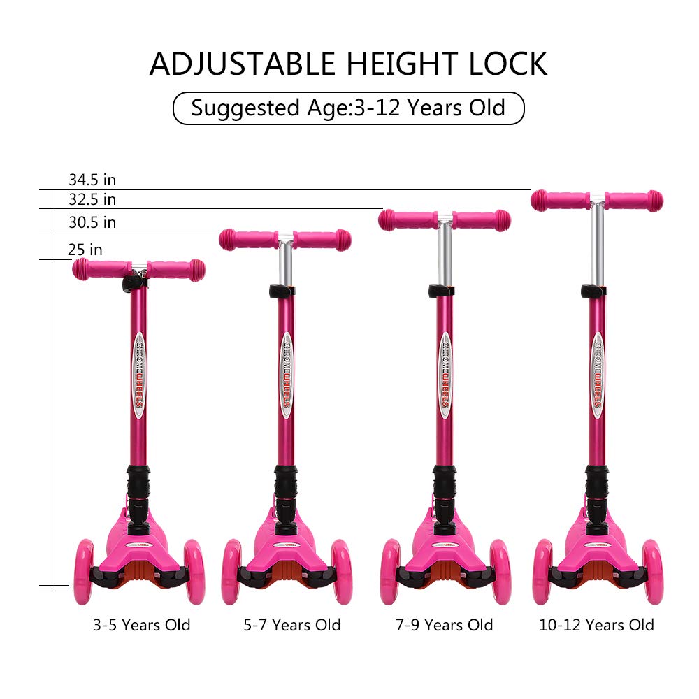 ChromeWheels Foldable Scooters for Kids, Deluxe Kick Scooter 4 Adjustable Height 132lbs Weight Limit 3 Wheel, Lean to Steer LED Light Up Wheels, Best Gifts for Girls Boys Age 3-12 Year Old