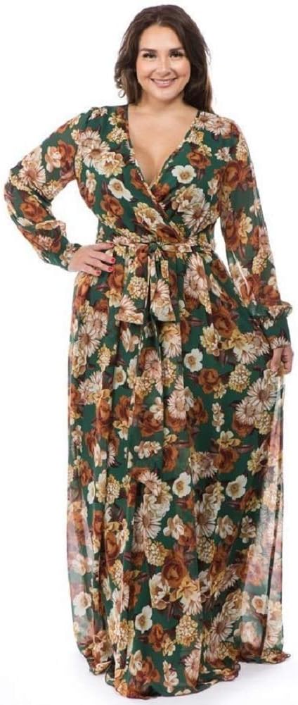 RICARICA Plus Size Floral Printed Chiffon Maxi Dress
