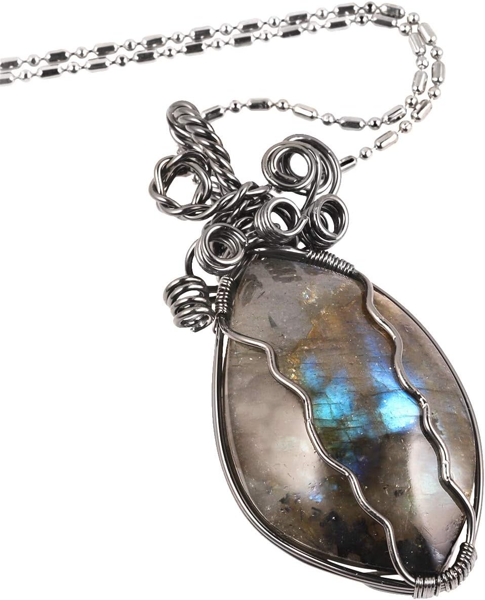TUMBEELLUWA Labradorite Necklace Irregular Shape Wire Wrapped Quartz Crystal Pendant with Chain Healing Stone Jewelry