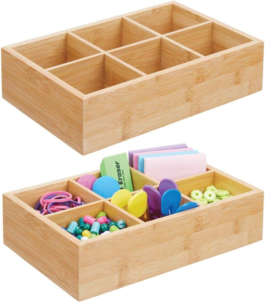 mDesign Bamboo Wood Compact Home Office Storage Organizer Bin Box - 6 Divided Sections - Holder for Notebooks, Paperclips, Binder Clips, Tape, Stapler, 2 Pack - Natural/Tan
