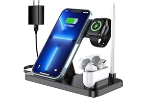 Wireless Charger, Fulsren 4 in 1 Qi-Certified Fast Charging Station Compatible Apple Watch & AirPods, iPhone 15/14/13/12/11/11Pro/11Pro Max/X/XS/XS/XR/8/8Plus, Qi-Enabled Andriod Phone(QC3.0 Adapter)