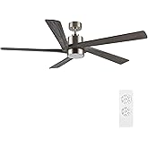 WINGBO 54 Inch DC Ceiling Fan with Lights and Remote Control, 5 Reversible Carved Wood Blades, 6-Speed Noiseless DC Motor, Modern Ceiling Fan in Brushed Nickel Finish with Gray Blades, ETL Listed