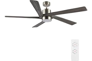 WINGBO 64 Inch DC Ceiling Fan with Lights and Remote Control, 5 Reversible Carved Wood Blades, 6-Speed Noiseless DC Motor, Modern Ceiling Fan in Brushed Nickel Finish with Gray Blades, ETL Listed