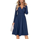 OUGES Women's Fall Long Sleeve Dress Casual Wrap V Neck Flowy Midi Wedding Guest Dresses with Pockets 2025