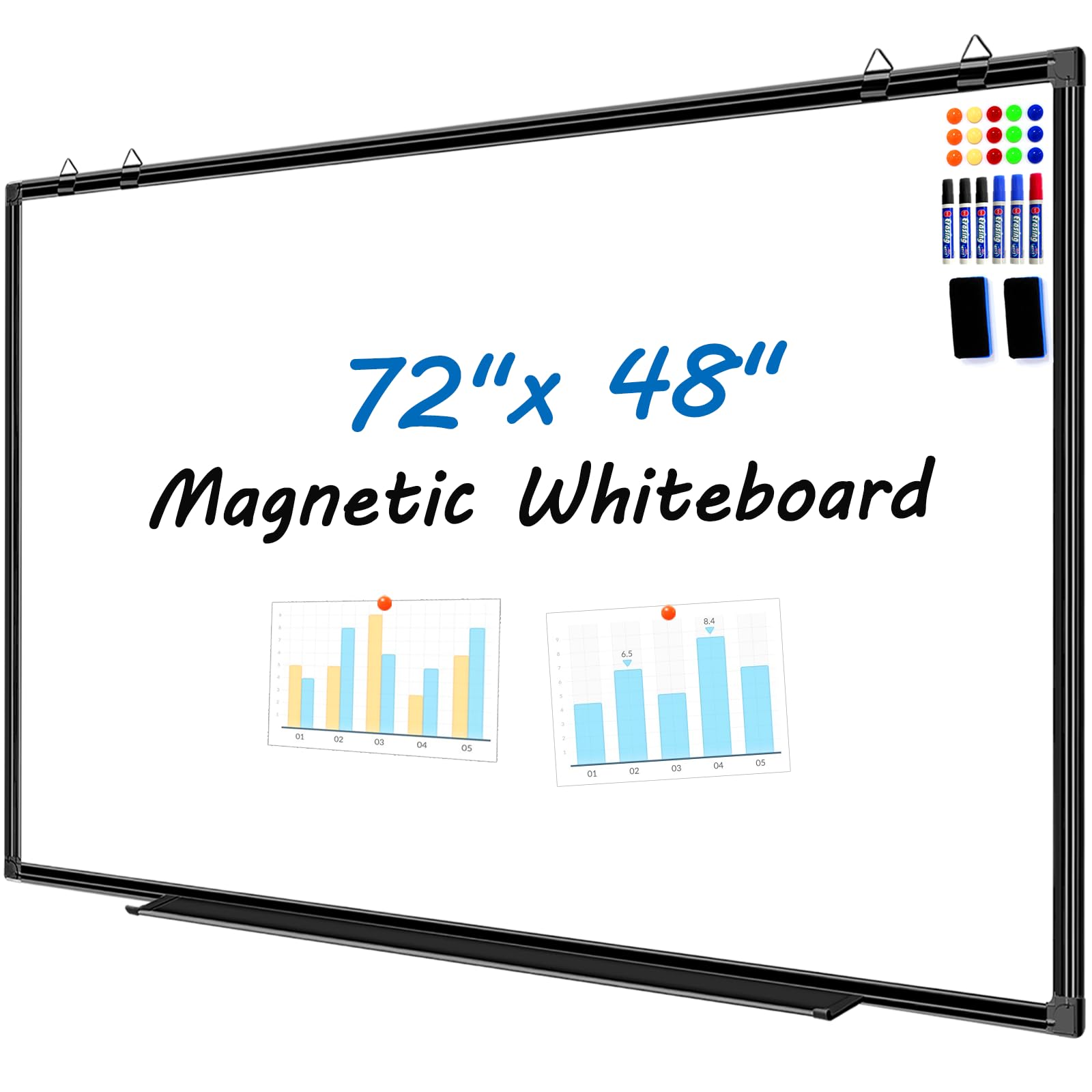 Photo 1 of **FRAME PIECE PART BROKE OFF**-Qprobd 6'x4' Large Magnetic White Board Dry Erase Whiteboard with Black Aluminum Frame, 72"X48" Magnet Presentation Wall Boards for Office, Classroom, School, Home