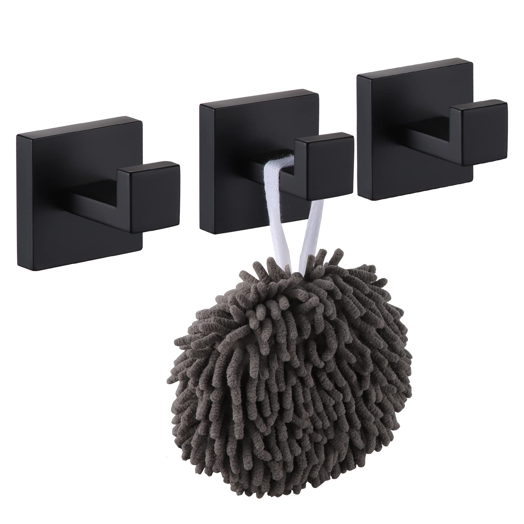 KOKOSIRI Bath Towel Hook Wall Mounted Square Robe Hook Coat Hook Bathroom Kitchen Garage Heavy Duty SUS 304 Stainless Steel 3 Pack Matte Black B1010BK-P3