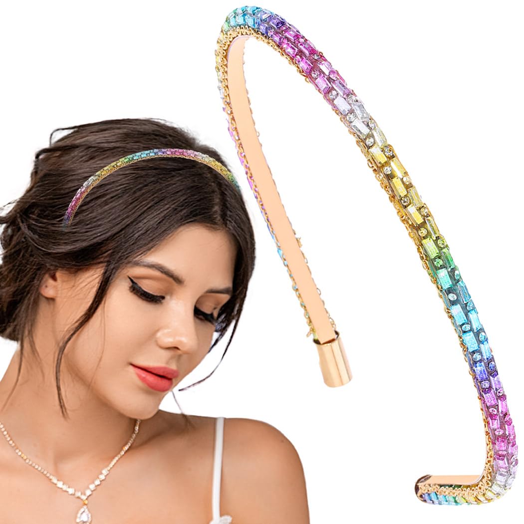 Flayem Rhinestone Headband Narrow crystal Hair Accessories Women (Rainbow)