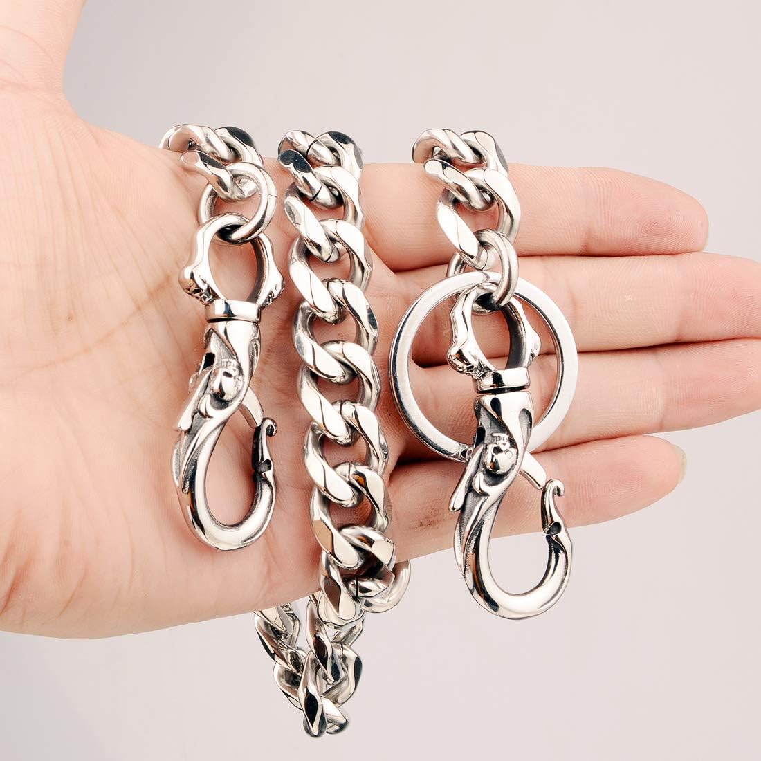 Skeleton Punk Wallet Chain,Wallet Long Purse Key Chain with Chain for Biker Trucker Motorcycle Pants Jean,100% Stainless Steel Never Rust,Never Fade(Cuban Chain): Clothing