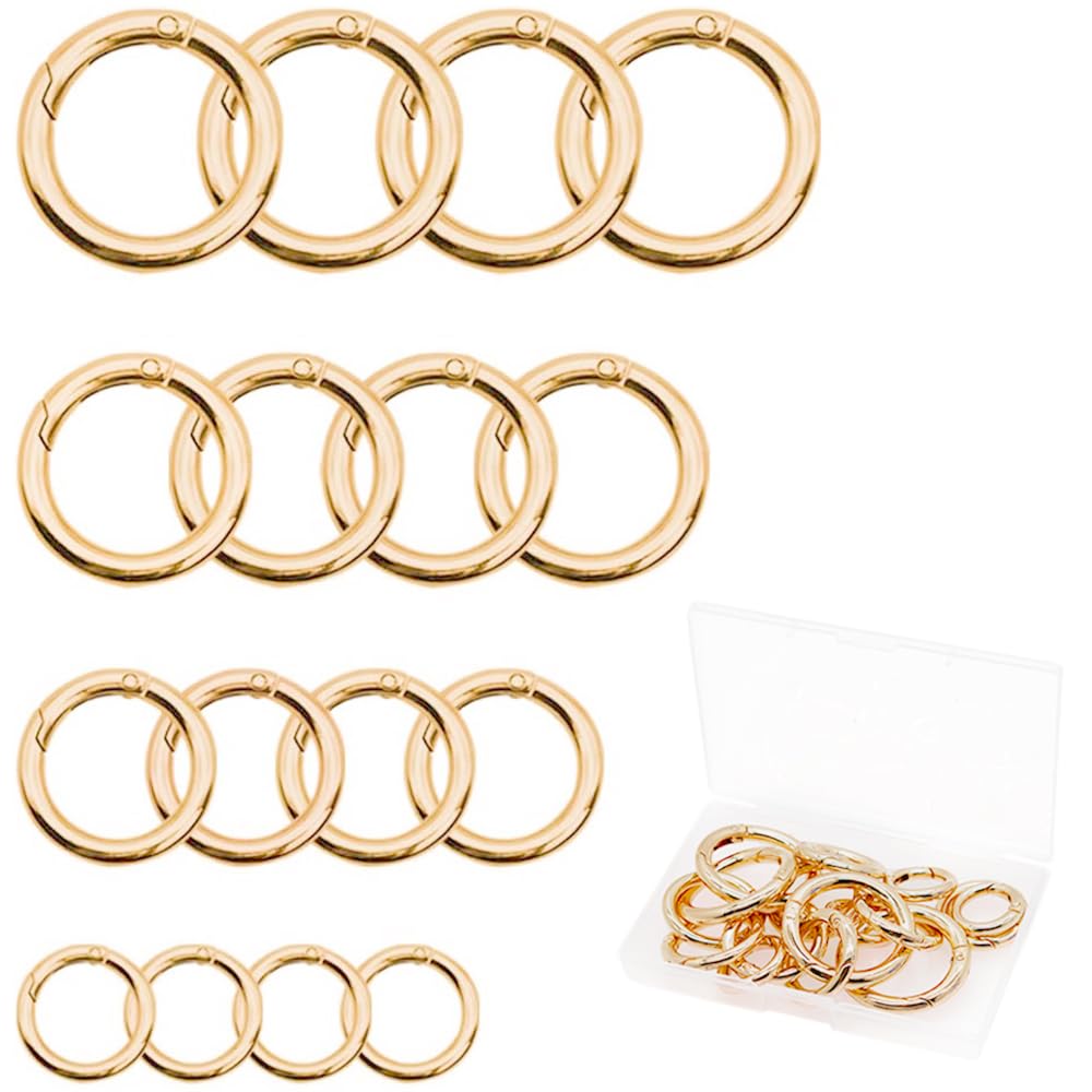 QUMENEY 16PCS Round Spring Ring Key, Spring O Ring, Zinc Alloy Round Carabiner Snap Trigger Buckle, Hooks Clip DIY Accessories 4 Styles for Key Chains, Bag, Purse and Handbag (Gold Plating)