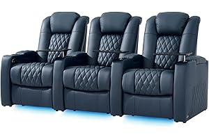 comfiroom Leather Home Theater Seating, Classic Series Dual Power Electric Headrest Game Seats Movie Theater Chairs Recliner Sofa with Type-C USB Charger (Blue, Row of 3)
