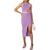 Pink Queen Women's Sexy Cutout Midi Dress Crewneck Sleeveless Bodycon Party Cocktail Ribbed Dresses 2025 Purple