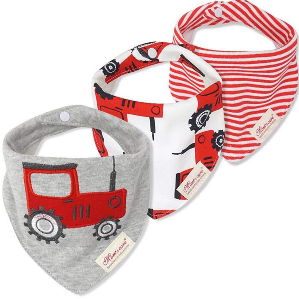 CuteOn Momscare Baby Drool Bibs, Unisex 3-Pack Absorbent Cotton, Triangle Bib with Snaps Gift for Boys & Girls - Asorted (26 Red Tractor)