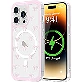 LCHULLE Magnetic for iPhone 14 Pro Max Case Cute Pink Bows [Compatible with Magsafe] Clear Ribbon Bowknot Pattern for Women Girls Hard Back Cover Shockproof Phone Case for iPhone 14 Pro Max, Pink Bows