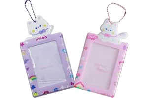 BEIFIN 2 Pieces Kpop Photocard Holder Cute Idol Photo Card Holder with Chain Photo Sleeve Keychain Pendant PVC Cover Holder for Backpack,Schoolbag,Keychain Decoration(Pink and Purple)