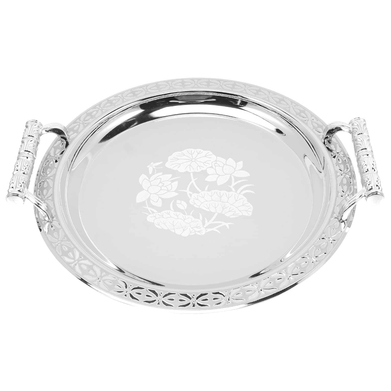 Cabilock Round Silver Serving Tray 12 Inch European Style Snack Dessert Plate for Buffet Fruit Cake Tea Coffee Serving