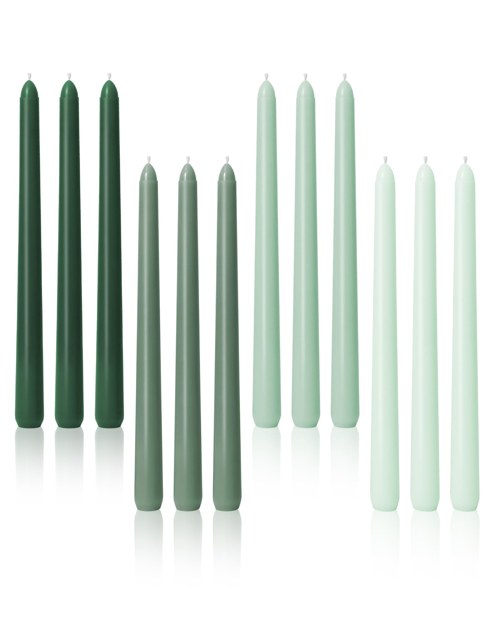 Photo 1 of 10-Inch Tall Dripless Taper Candles Set of 12 - Tapered Candlesticks - Smokeless, Unscented, Long Burning - Hand Poured, Colored for Home Decor Wedding, Dinner - Green