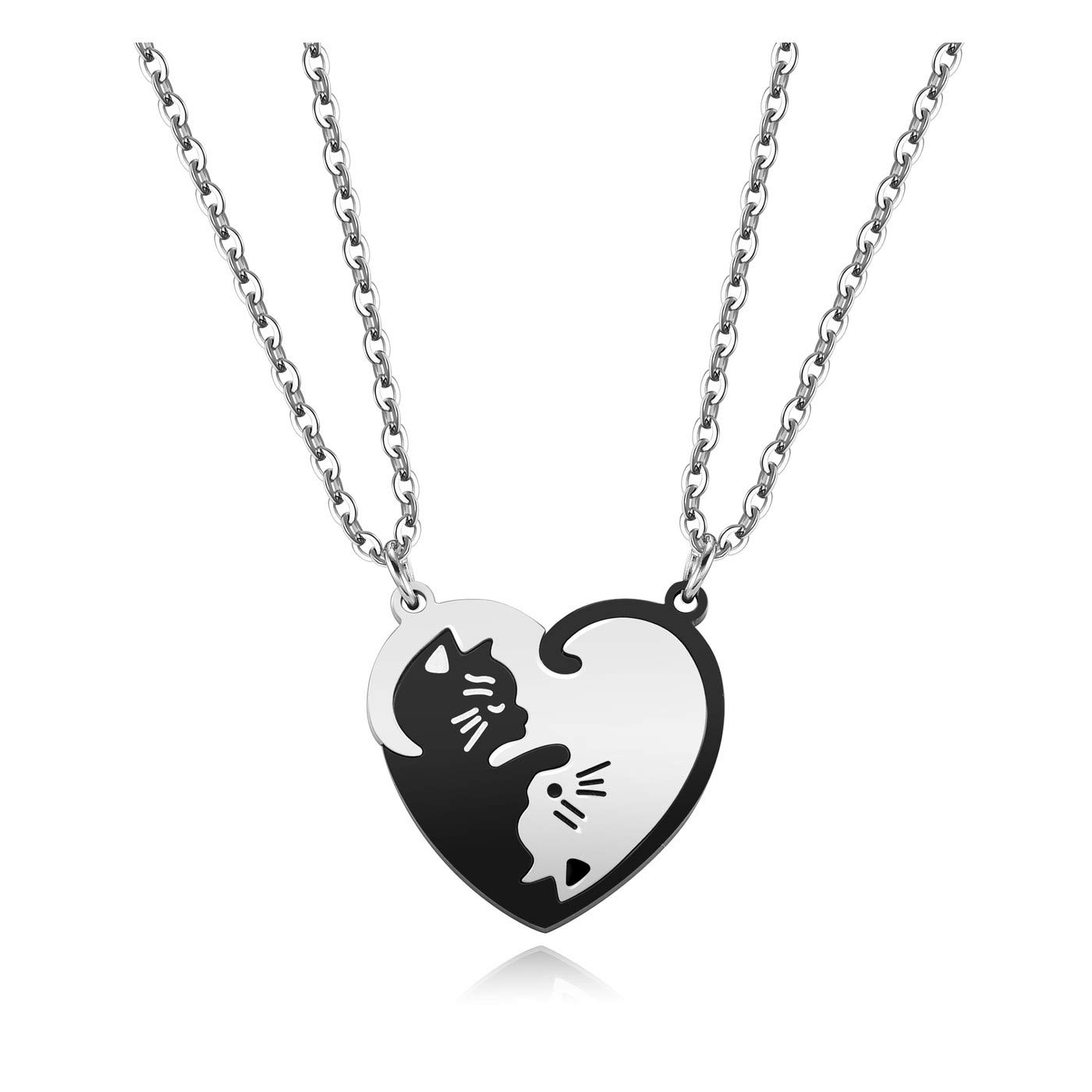 JSDDE Couples Heart Matching Necklace Yin Yang Cat Hug Puzzle Necklace for His and Hers Lovers Valentines Gifts (White & Black)