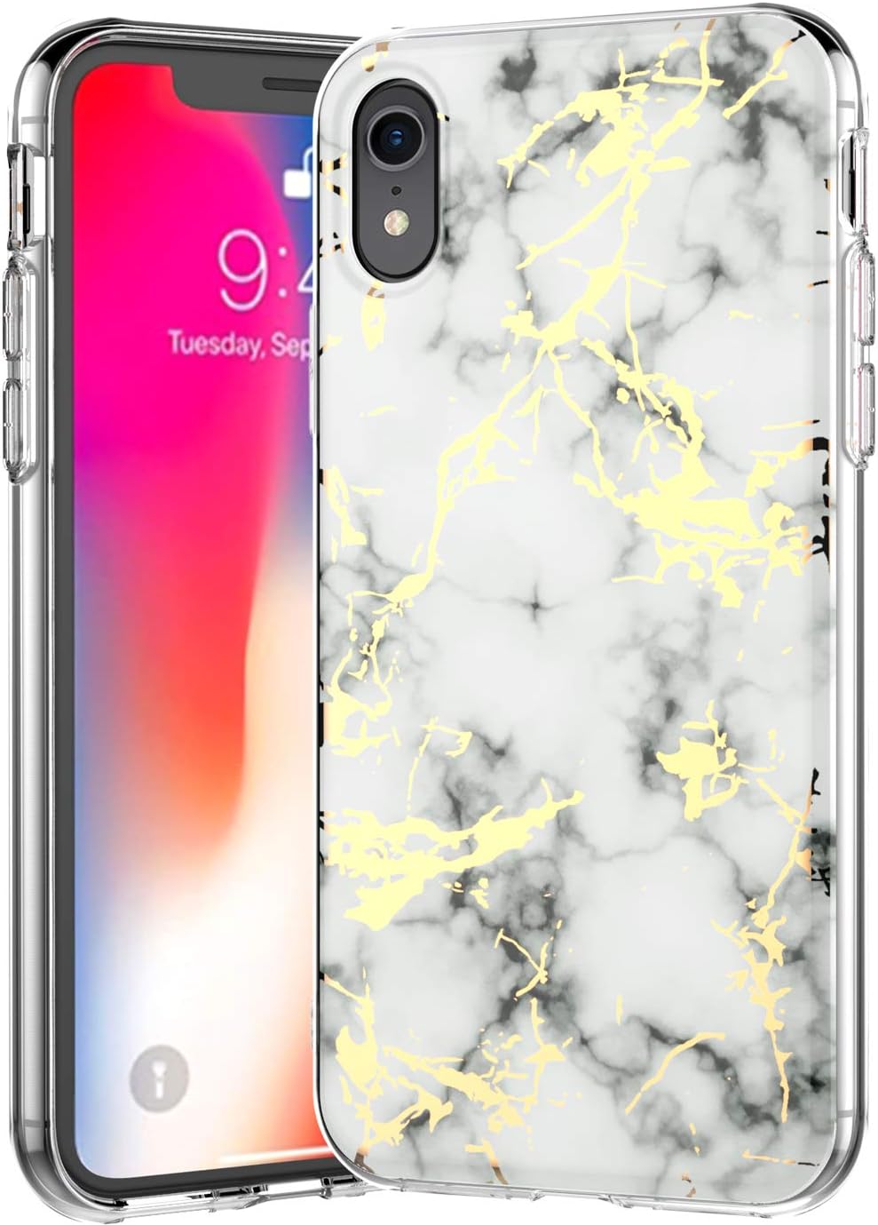 BSLVWG Compatible with iphone XR Case Ultra-Thin Marble Stone Pattern Hybrid Hard Back Soft TPU Raised Edge Slim Protective Case Shock Proof Case Cover for iphone XR 6.1 inches (White)