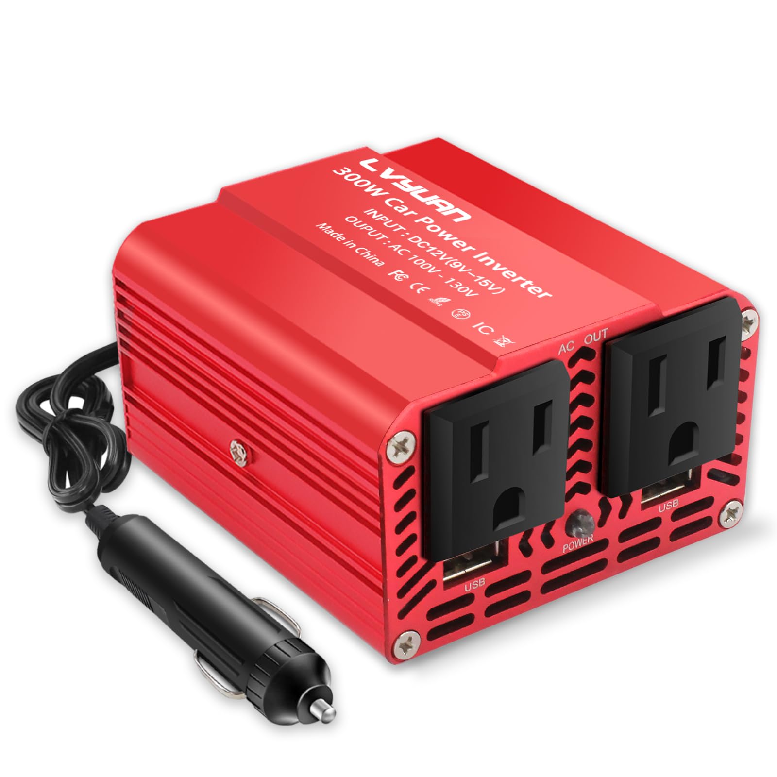 Photo 1 of 300W Power Inverter for Vehicles, LVYUAN 12V DC to 110V AC Car Plug Adapter Outlet Converter 6.2A Dual USB Charging Ports Car Truck RV Inverter for Road Trips, Red