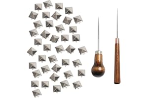 SBYURE 500 Pieces 10mm Square Studs for Clothing Silver Pyramid Studs,Four-Jaw Stud Clothing Pyramid Stud with 2 Pack Awl Craft Tool