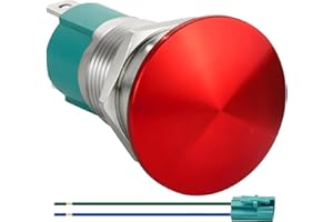 ZJWZJH 10 Amp Latching Push Button Switch 16mm 5/8" Mushroom Head Red Waterproof DC12V 24V 110V/120V 250VAC, 1NO SPST, Stainless Steel with Wire