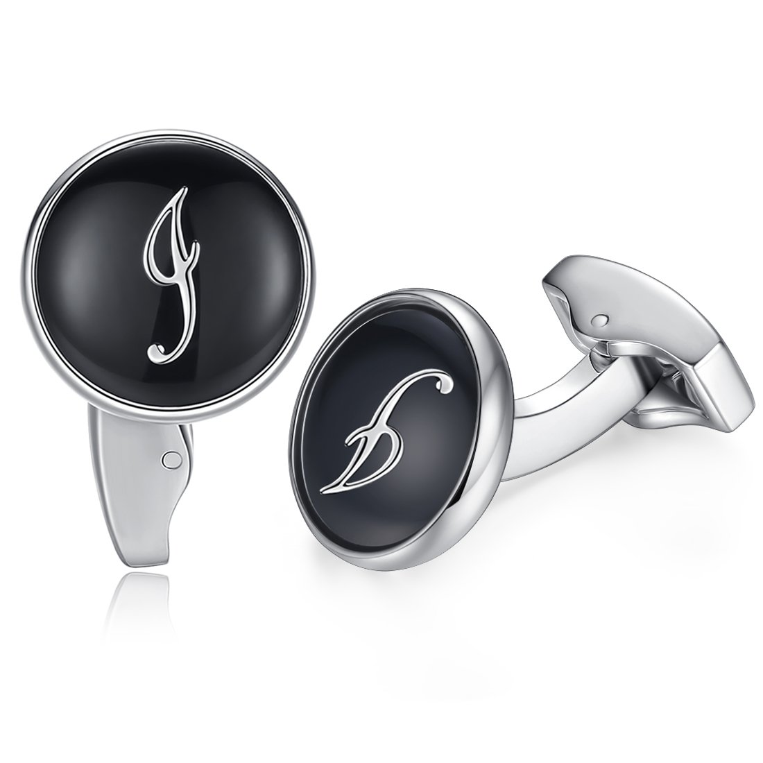 HONEY BEAR Initial Alphabet Letter Cufflinks for Men, Black Round Shape Wedding Business Gift A - Z (I)