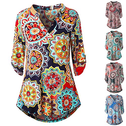 GOVOW Hot Sale！Floral Printed V-Neck Long Sleeve Blouses Roll-Up Top Casual Button Layered Blouses(US:4/CN:S,Sky Blue) - Thumbnail 2