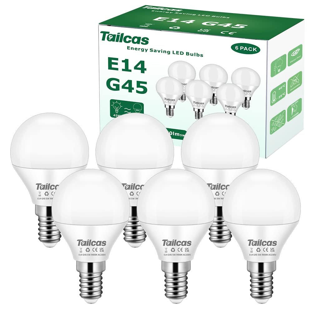 Tailcas E14 Led Light Bulb, 5W Warm White (40/45W Equivalent) Small Edison Screw (SES) Bulb, G45 Golf Ball led Light Bulb, 450lm CRI>80 No Flickering Non-dimmable, for Interior Lighting, 6-Pack