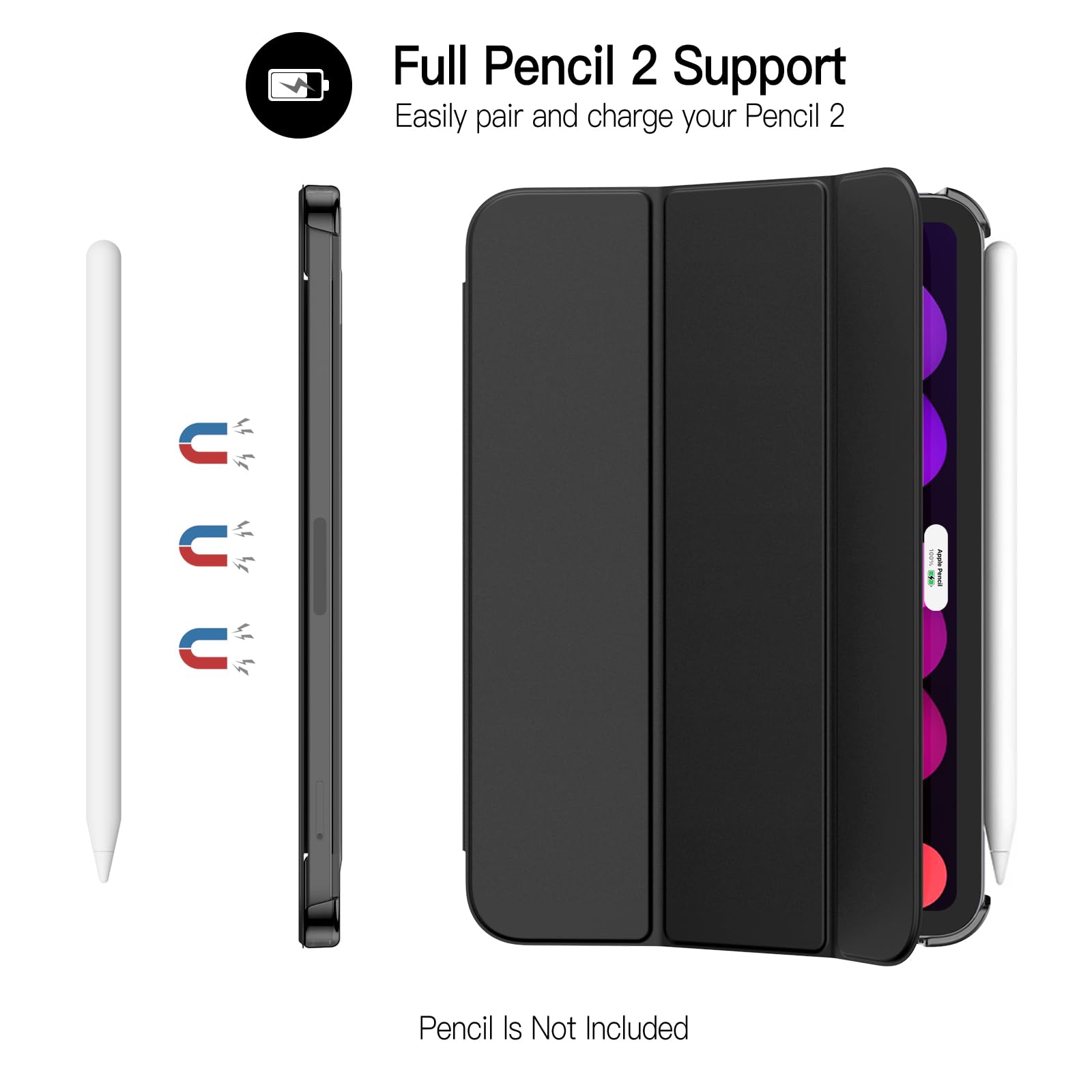 JETech Case for iPad mini (A17 Pro, 2024 Model, 7th Generation) / mini 6 (2021 Model, 6th Generation), Slim Stand Hard Back Shell Smart Cover with Auto Wake/Sleep (Black)