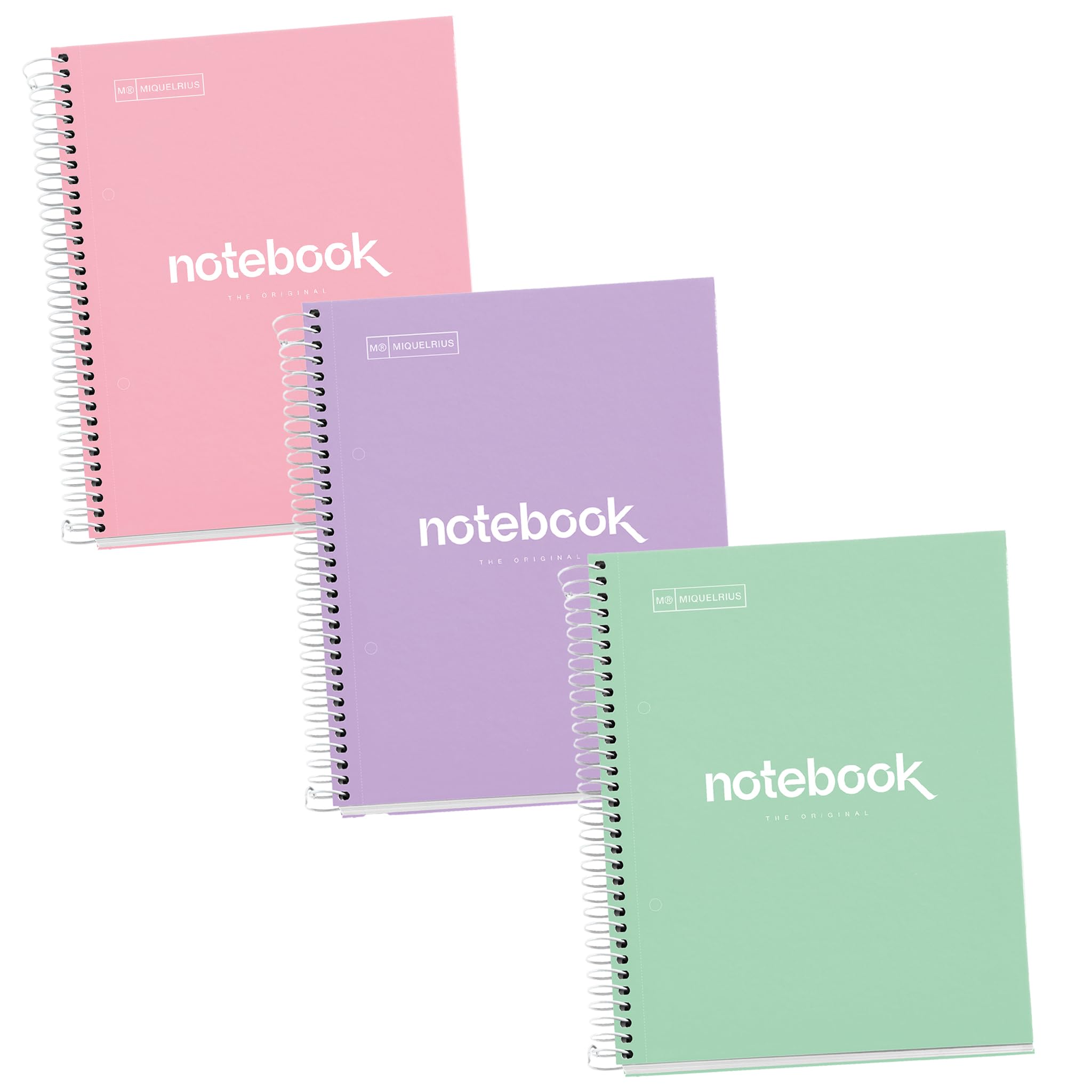 Miquelrius Pack of 3 A5 Notebooks (80 Sheets) with 5mm Tips, Dots, 90g, Micro-Perforated, Margin - 2 Holes and Colour Strips, Extra Strong Pastel Cardstock
