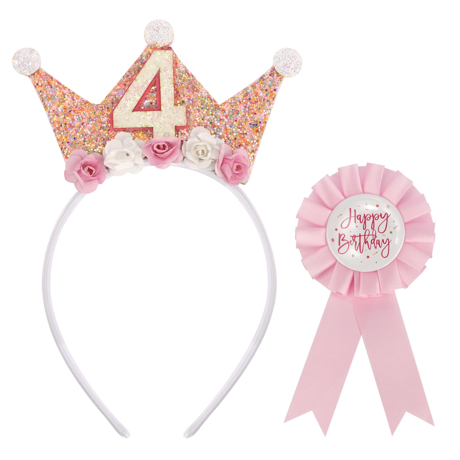 Photo 1 of Tihebax 4th Birthday Decorations - Girl's 4th Birthday Headband & Pin Set with Tiara, Glitter Hair Band & Glower Headband