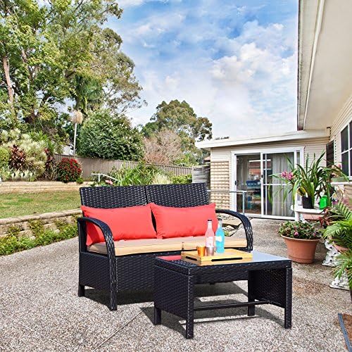 Cloud Mountain Patio 2 PC Wicker Loveseat Sofa Rattan Furniture Set Outdoor Garden Loveseat Glass Top Table, Black Rattan with Khaki Cushions