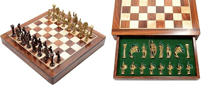 Hand Crafted Roman Brass Chess Set with Wooden Board,Brass Chess Figures Fitted Inside The Board