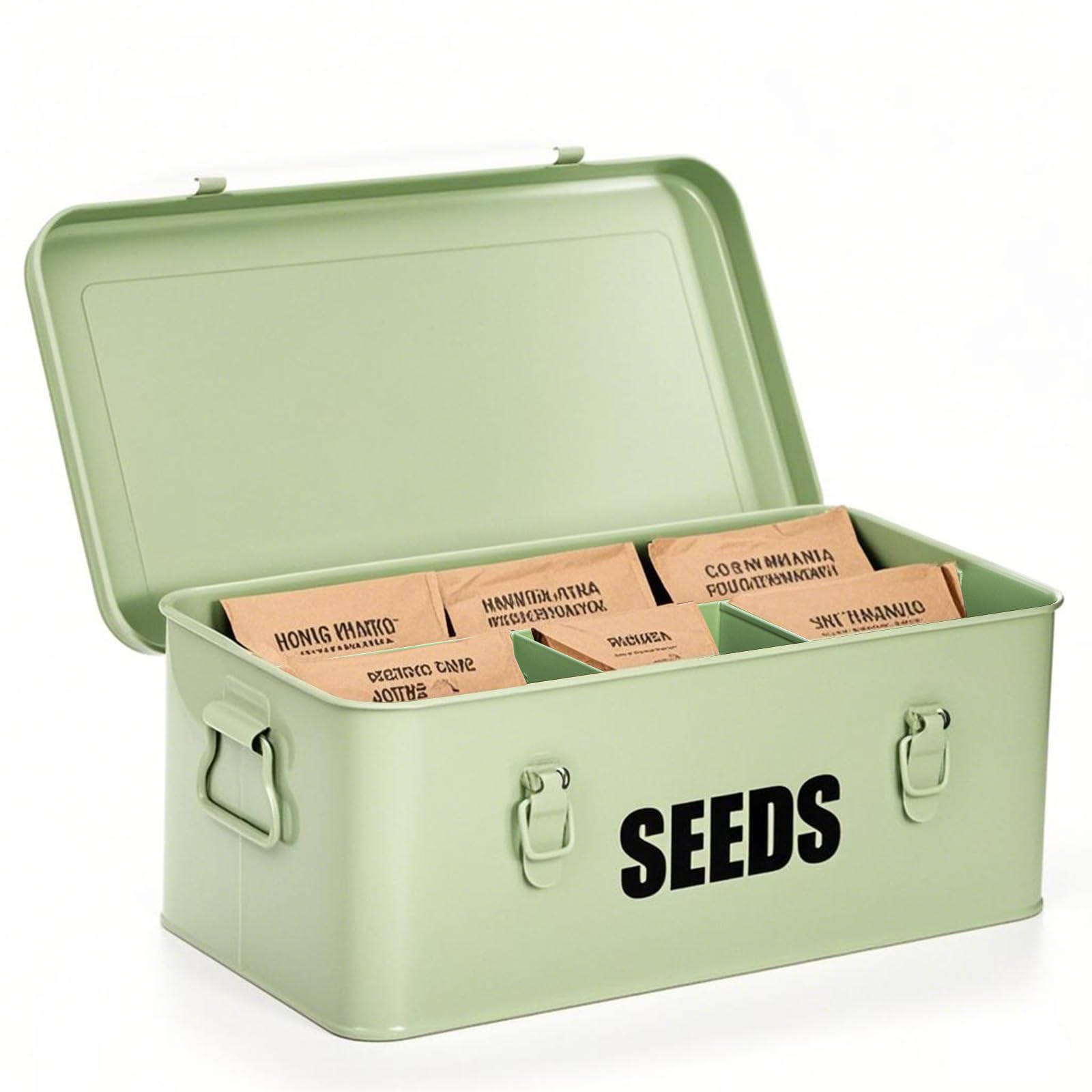 Photo 1 of Mezchi Seed Storage Organizer Box with 4 Compartments, Large Metal Seed Packet Container with Lid & Safety Locks, Sturdy Seed Envelopes Binder Organizer for Saving Seeds