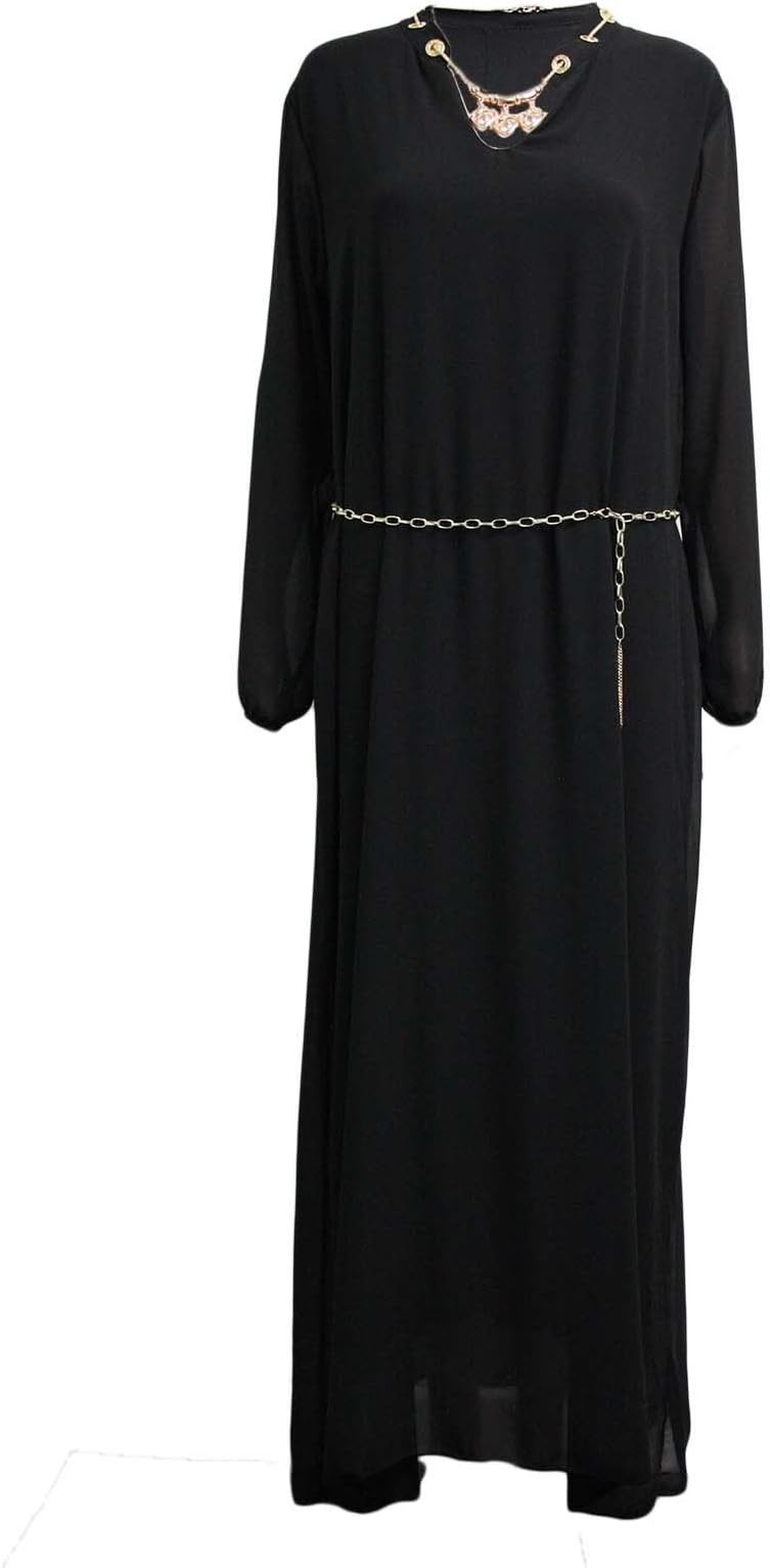 Miss Trendy Womens Ladies Chiffon Necklace Gold Chain Belted Full Sleeve Cocktail Maxi Dress