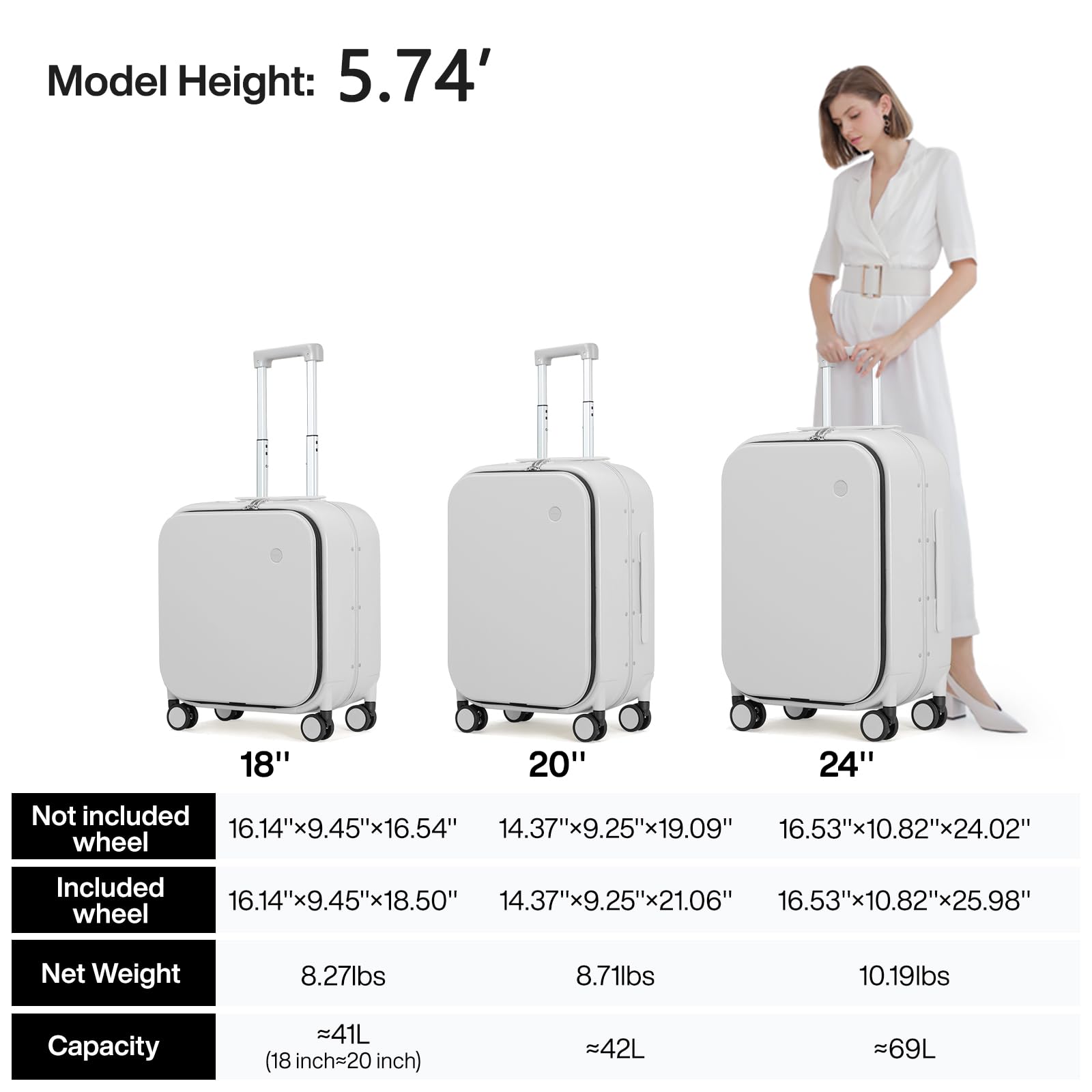 Mixi Carry On Luggage, 20'' Suitcase with Front Laptop Pocket, Travel Rolling Luggage Aluminum Frame PC Hardside with Spinner Wheels & TSA Lock and Cover - Smoke White