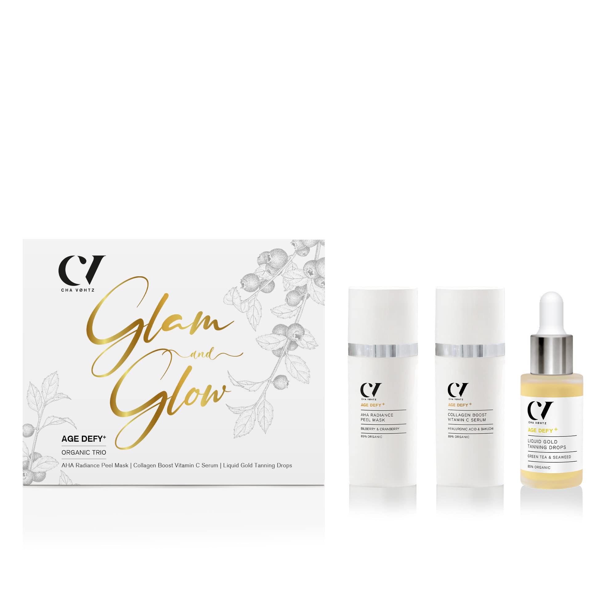Green People Age Defy+ Glam and Glow Organic Trio | Natural & Anti-Ageing Facial Gift Set by Cha Vøhtz | AHA Mask, Vitamin C Serum Tanning Drops | Paraben Free Ethyl Alcohol | Cruelty Vegan, white