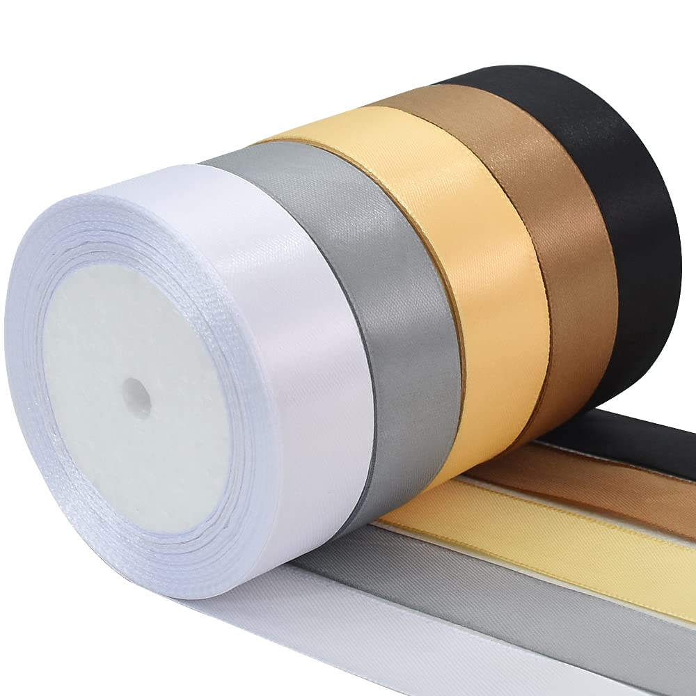 TONIFUL 1 Inch x 125 Yards 5 Colors Satin Ribbon Rolls, Mixed Black and Gold Color Set Fabric Ribbon for Gift Wrapping Embellish Wedding Birthday Party Decoration Bow Making Floral Craft Sewing