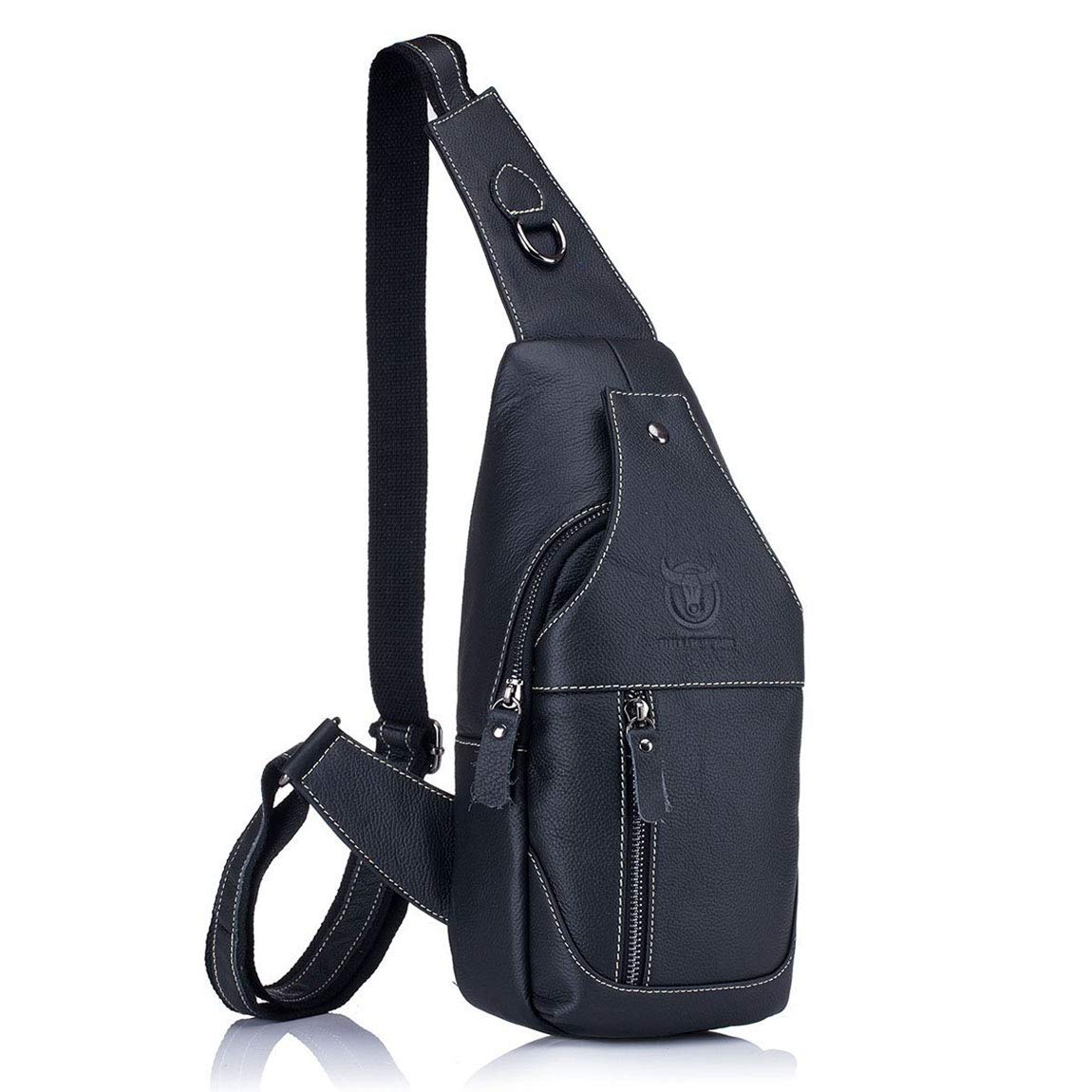 BULLCAPTAIN Mens Leather Sling bag Cross body Bag Chest Bag Sling Shoulder Backpack Black