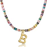 YOUFENG Initial Letter Necklaces for Women Colorful Beaded Gemstone Choker 14K Gold Plated Bamboo Letter Pendant Necklace Natural Stone Handmade Jewelry Gift