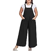 Moon Wood Plus Size Overalls for Women Loose Fit Bib Rompers Adjustable Straps Wide Leg Jumpsuits with Pockets