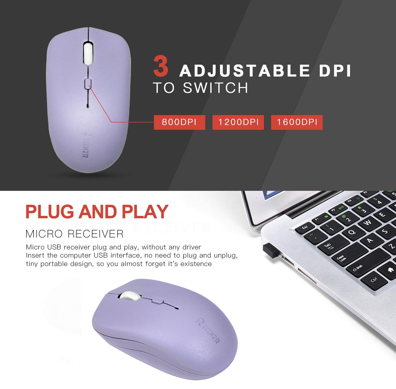 RECCAZR Wireless Keyboard and Mouse Combo, Full-Sized Wireless Keyboard and Adjustable DPI Mouse, 2.4GHz USB Receiver, Wireless Keyboard and Mouse for PC, Windows, Desktop, Laptop (Purple)